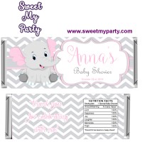 Pink and Grey Elephant Baby Shower candy bar wrappers,(9ebb)